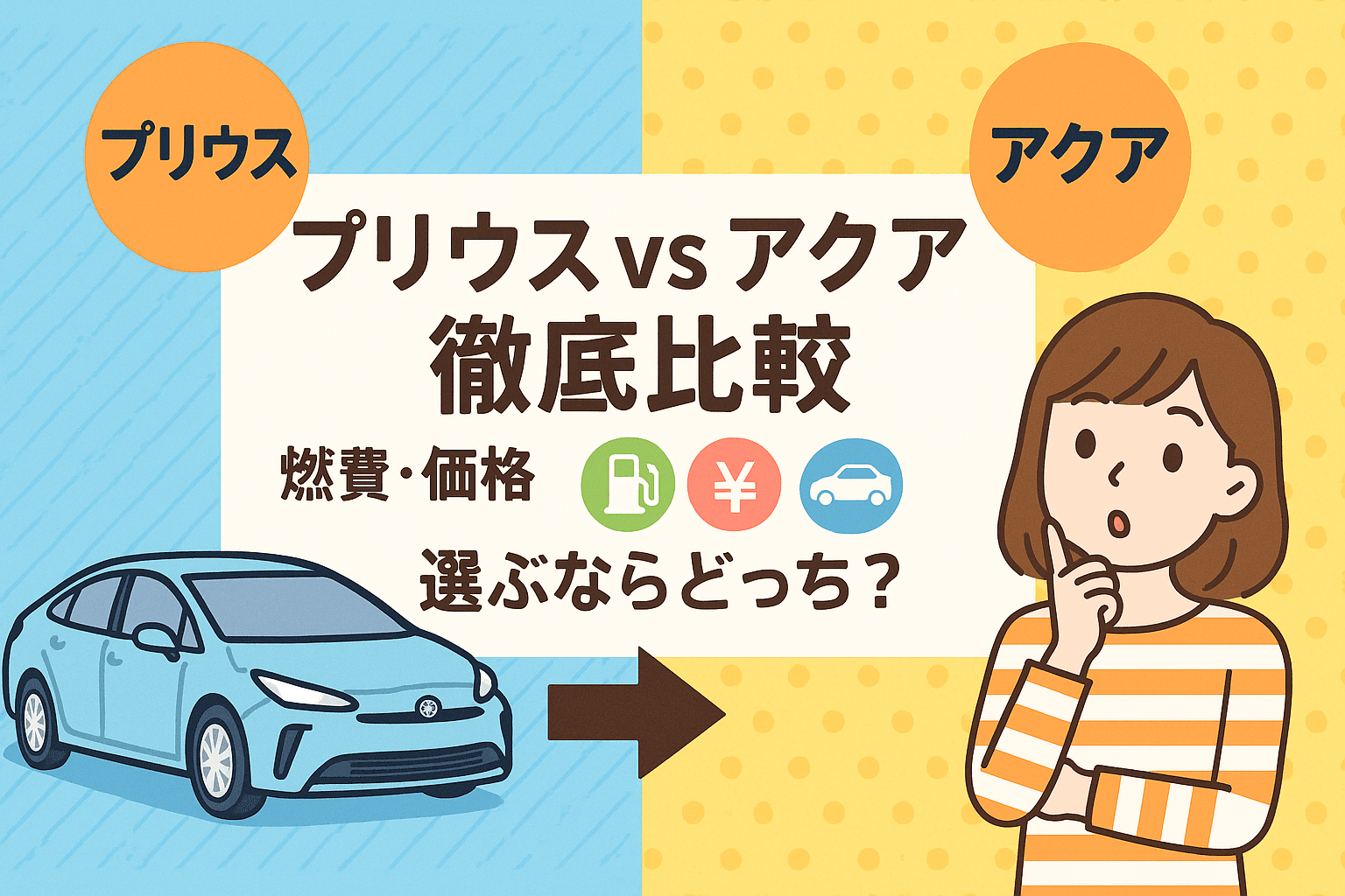 タイトル画像:プリウス vs アクア徹底比較|燃費・価格・サイズ、選ぶならどっち?